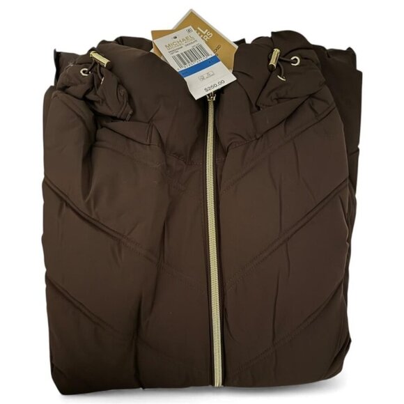 Michael Kors Womens Brown Quilted Puffer Zip Up Hooded Chevron Jacket Sz M New - Picture 5 of 15